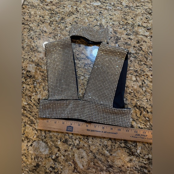 Geebin Flores black w rhinestone v-neck evening festival club crop top sz XS - Picture 5 of 6